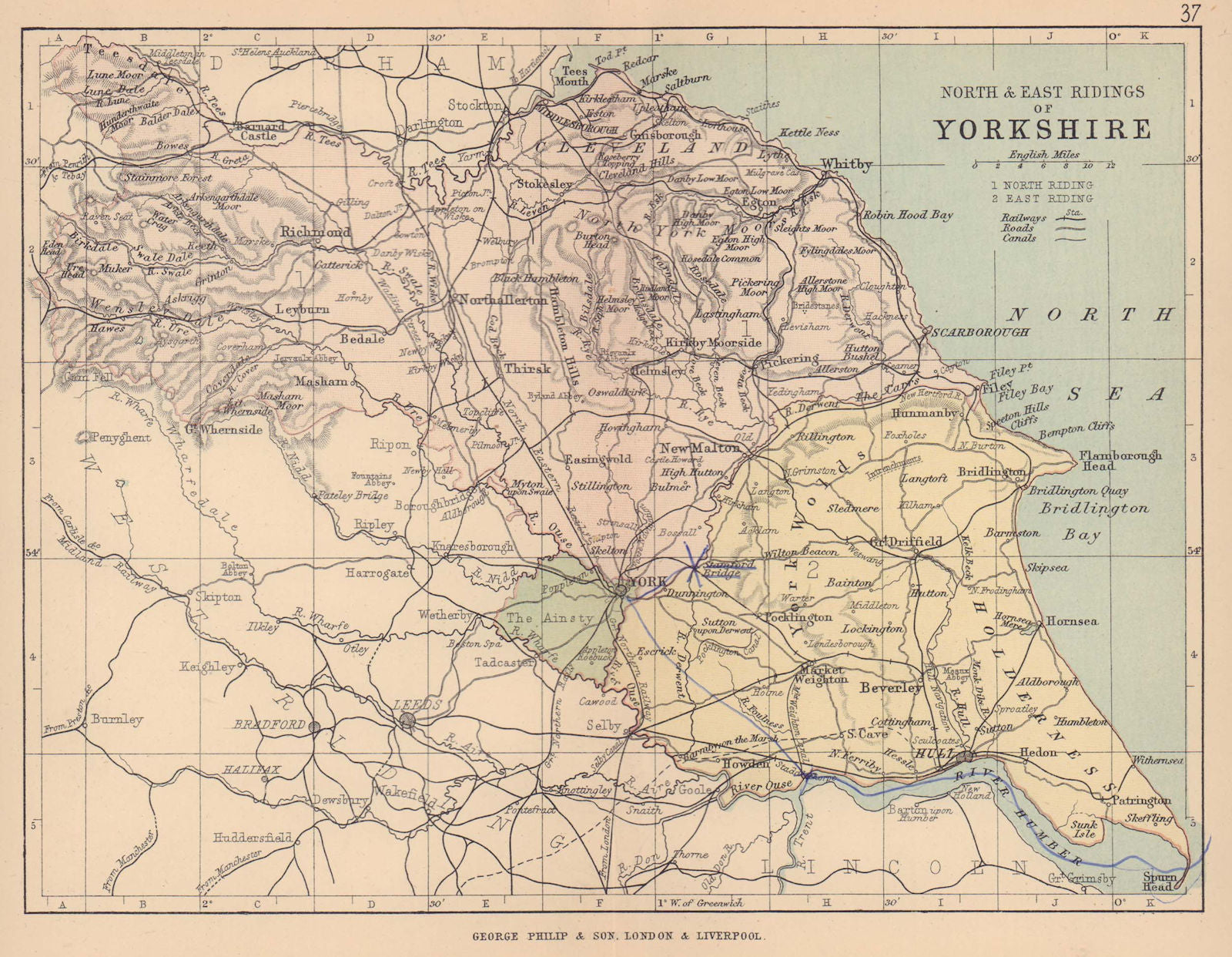 YORKSHIRE NORTH & EAST RIDINGS. County map. Railways constituencies. PHILIP 1885